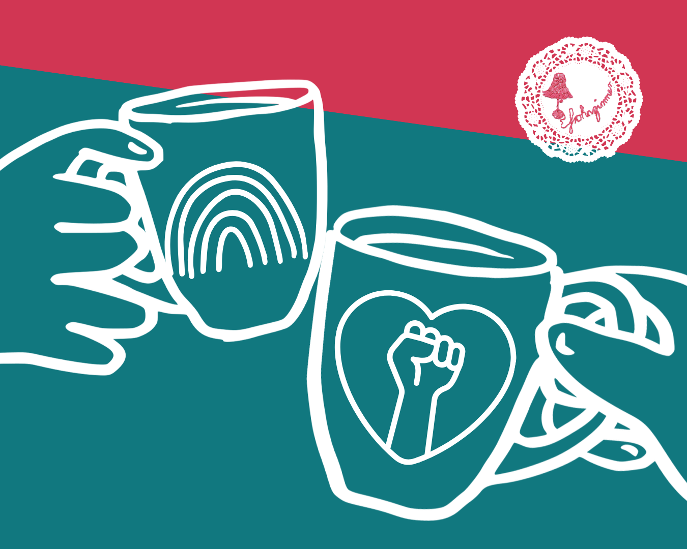 Zwei Hände halten Tassen mit Symbolen für Vielfalt und Solidarität vor farbigem Hintergrund