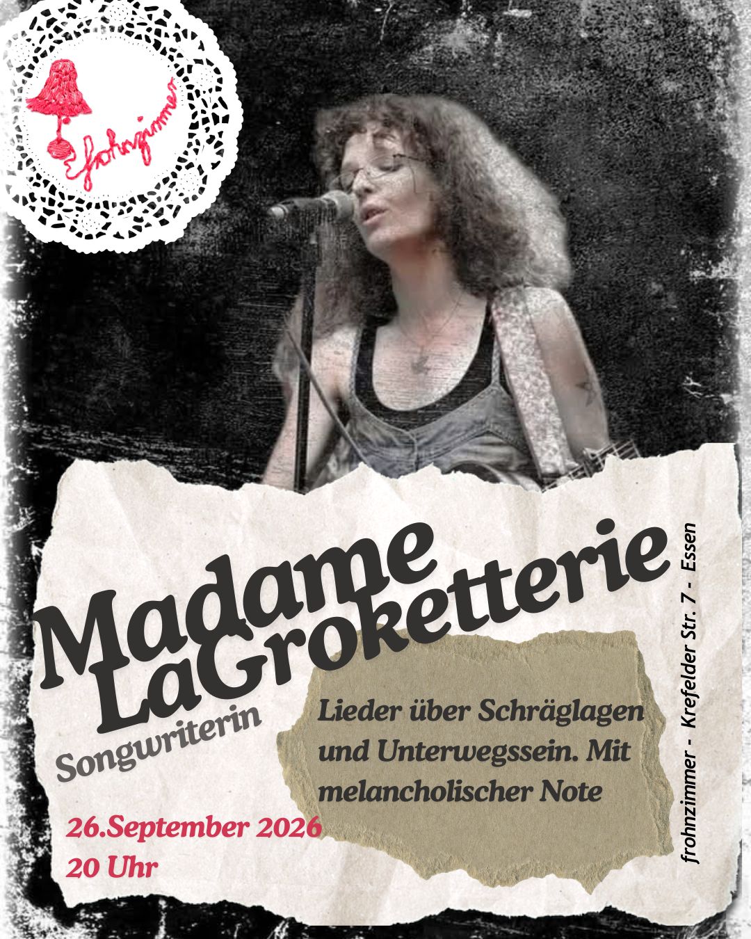 Flyer zu „Live-Konzert mit Madame LaCroketterie“ im frohnzimmer am 26. September 2026.