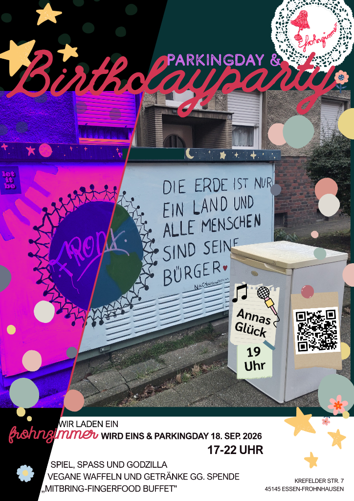 Flyer zu „Geburtstagsparty & Parkingday“ im frohnzimmer am 18. September 2026.