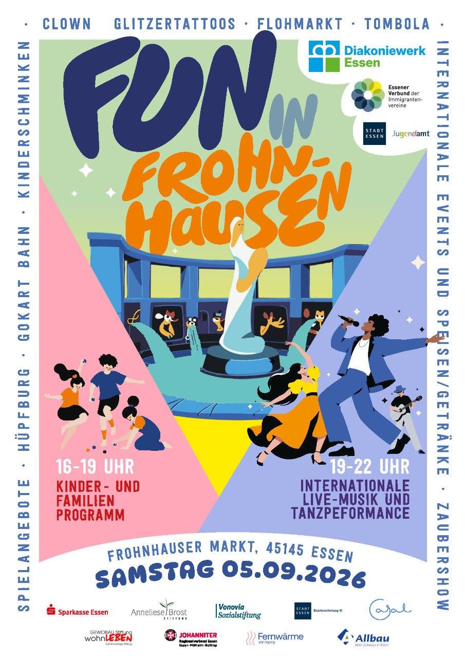 Flyer zur Veranstaltung „Fun in Frohnhausen – Marktfest mit Spiel, Musik und mehr“ am 5. September 2026.