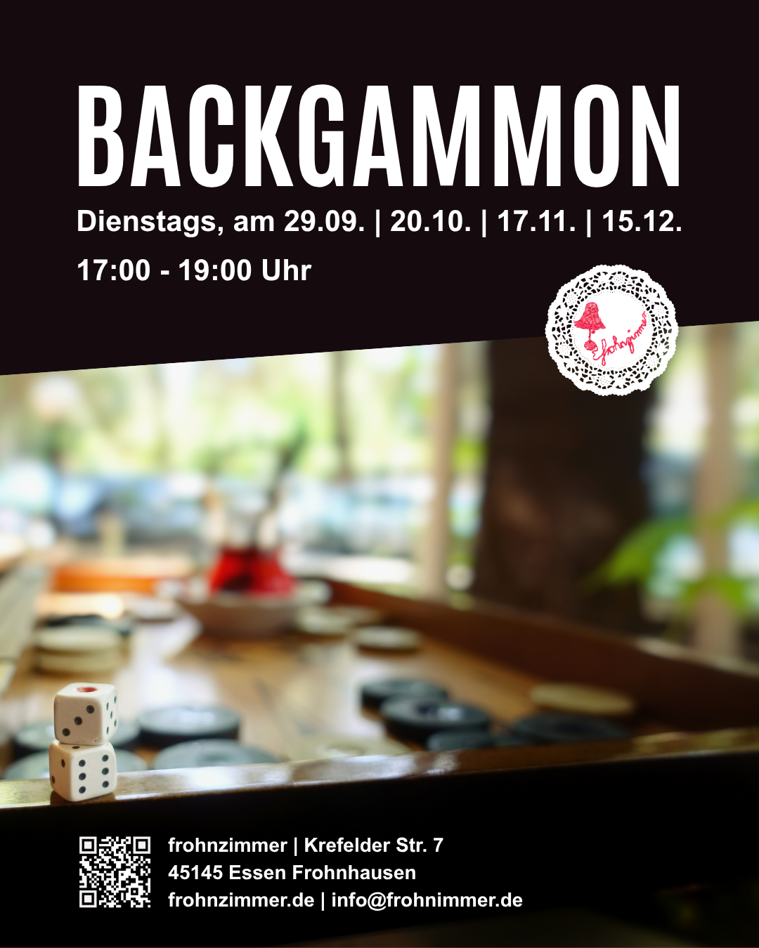 Flyer zu „Backgammon“ im frohnzimmer mit mehreren Terminen.