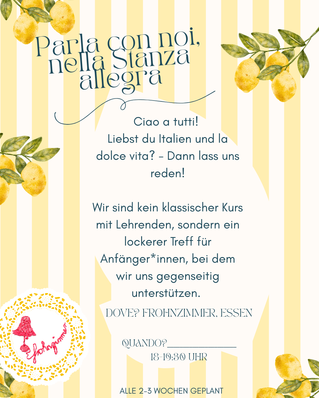 Flyer zu „parlare italiano“ im frohnzimmer mit mehreren Terminen.