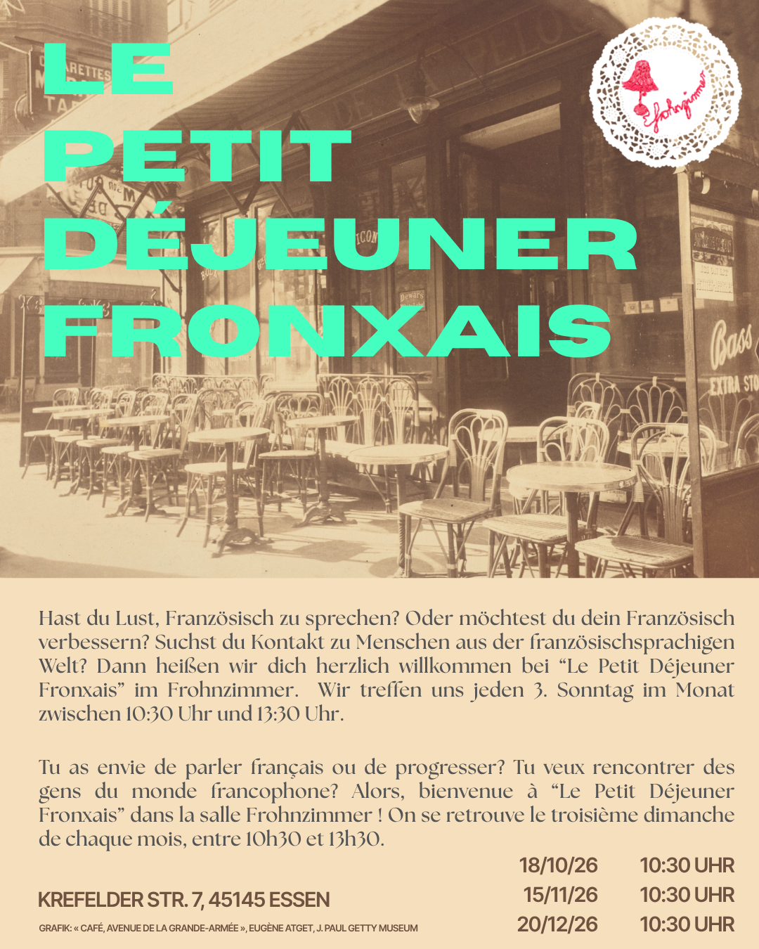 Flyer zu „Le Petit Déjeuner Fronxais“ im frohnzimmer mit mehreren Terminen.